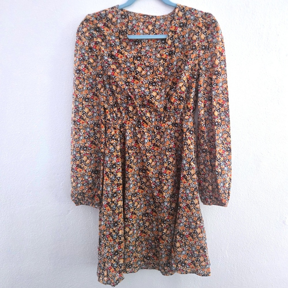 Floral Long Sleeve Wrap Mini Dress Brown Multi Boho Elastic Waist Small NWT